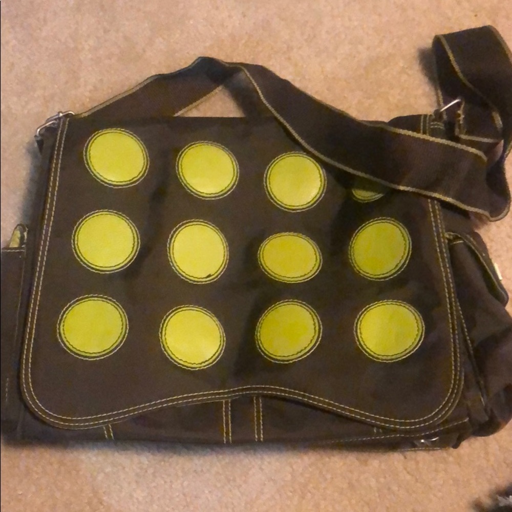 Brown and lime cross body bag.